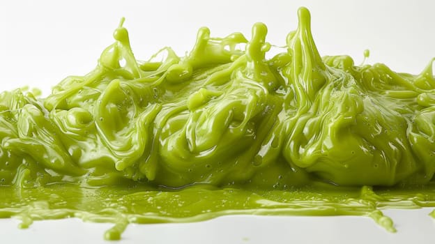 A pile of green liquid on a white surface with some in the air