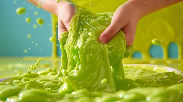 A person is playing with a green substance in the bowl