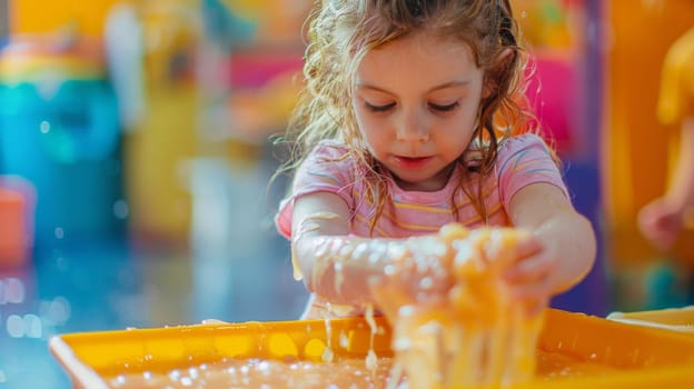 A little girl playing with a yellow container filled with water