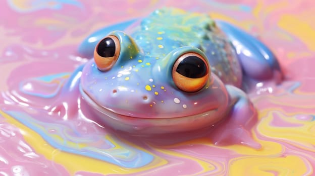 A frog sitting on a colorful liquid with eyes and mouth open