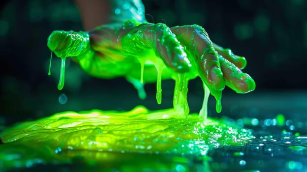 A person's hand is dripping with green liquid on a table