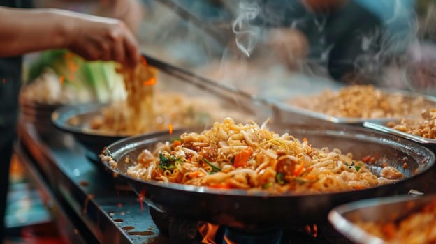 A pan of a person is cooking food in the wok