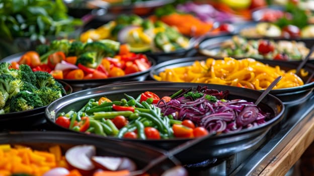 A buffet of a variety of vegetables and fruits in bowls