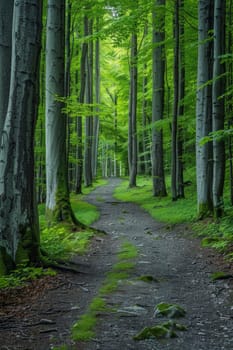 A dirt road in a forest with trees and grass