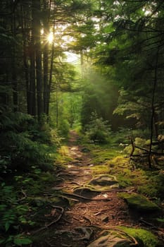 A trail in the woods with sunlight shining through trees