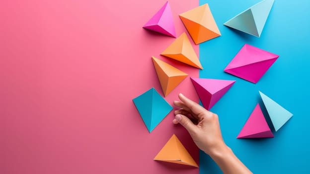 A hand is reaching out to touch a colorful paper triangle