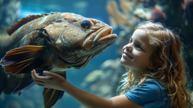 A young girl holding a fish in an aquarium