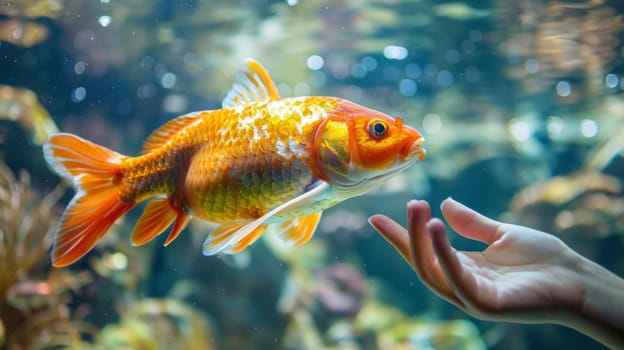 A person is touching a goldfish in an aquarium