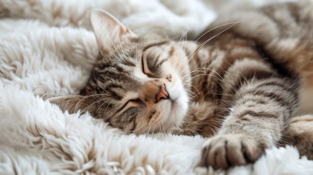 A cat sleeping on a fluffy white blanket with its eyes closed