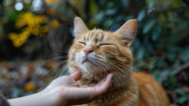 A person petting a cat with their hand in front of it