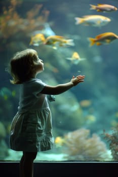 A little girl looking at fish in an aquarium