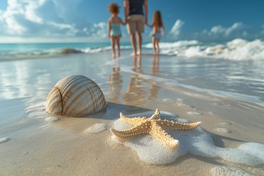 Family walking on beach near starfish and shell on sandy shore.