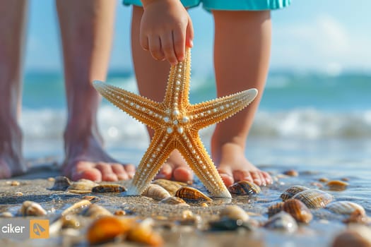 Child and adult interacting with a starfish on a beach