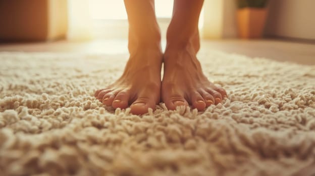 A person's bare feet are on a rug in the middle of their home