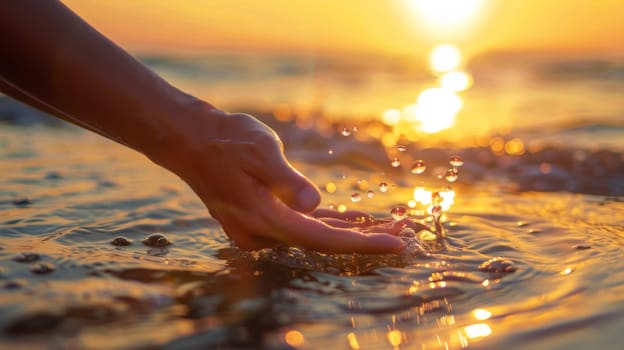 A person's hand reaching into the water at sunset