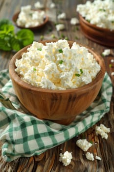 A bowl of cottage cheese on a table with green cloth