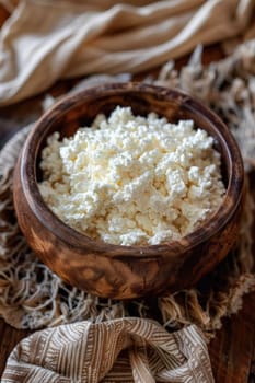 A bowl of cottage cheese on a table with cloth