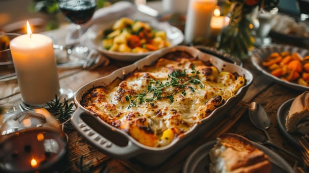 A table with a casserole dish of food and candles