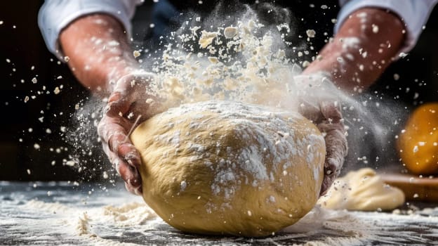 A person is making a dough ball with flour and water