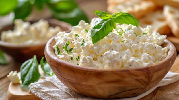 A bowl of cottage cheese with basil leaves on a wooden table