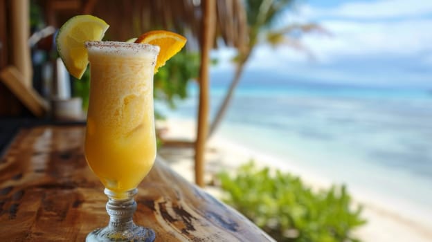 A drink with orange slices and a straw on the table