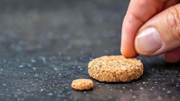 A person is holding a piece of cork on top of another