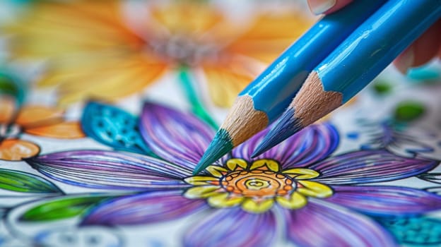 A close up of a person holding two colored pencils over an intricate flower