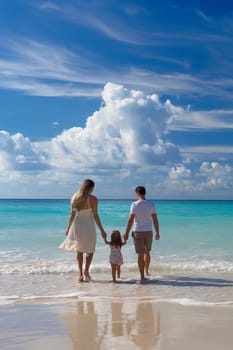 A family enjoys a serene moment on a beautiful beach,