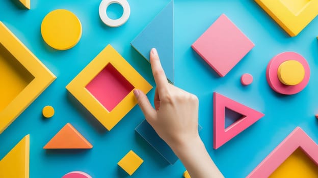 A hand pointing at a colorful geometric wall with shapes