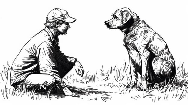 A drawing of a man and dog sitting in the grass