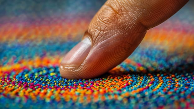 A finger is touching a colorful carpet with dots on it