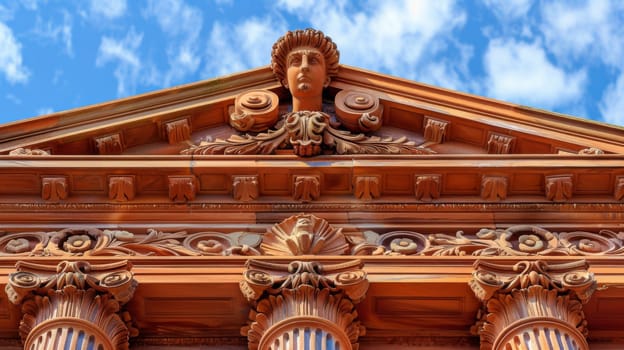 A close up of a building with decorative carvings on the top