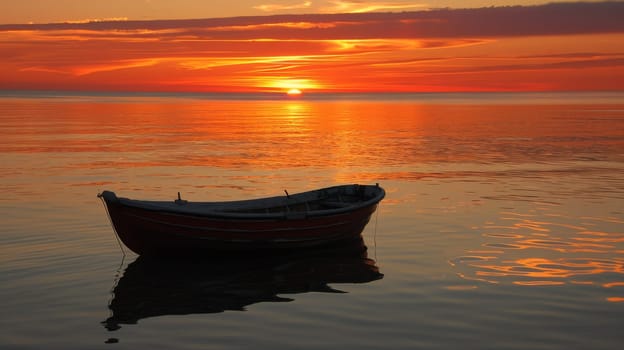 A boat is sitting on the water at sunset