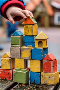 A child's hand reaching for a wooden house on top of another