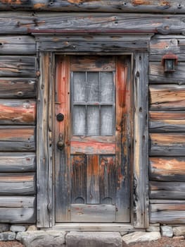 A door to a log cabin with an old fashioned window