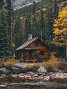 A cabin is sitting on a small hill next to the river