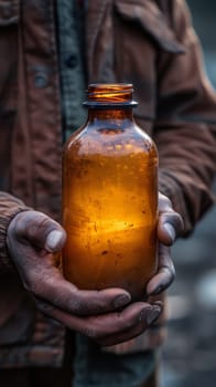 A man holding a glass jar with an orange glow