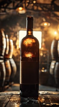 A bottle of wine on a table in front of barrels