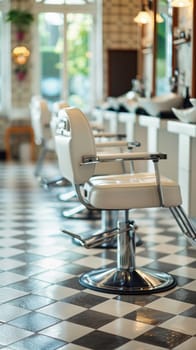 A row of chairs in a salon with black and white checkered floor