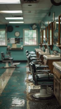 A barber shop with a sink and chairs in the middle