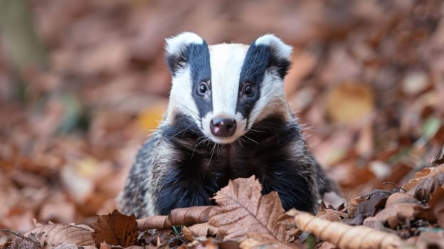 A badger is sitting in a pile of leaves with his nose poking out