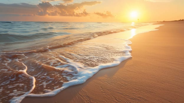 A beach with waves and sand at sunset