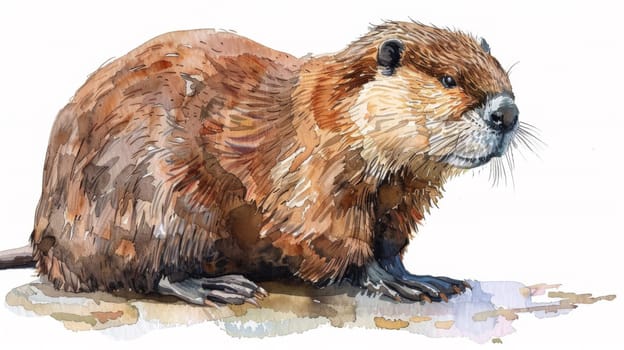 A watercolor painting of a beaver sitting on the ground