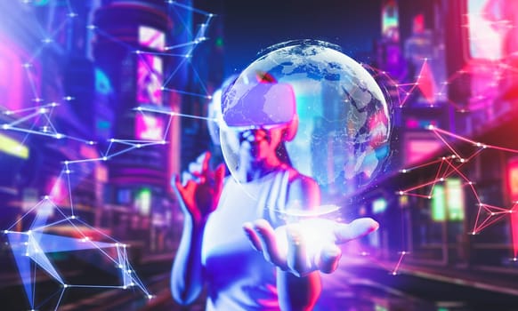 Female standing in virtual cyberpunk style building wear VR headset connecting metaverse, future cyberspace community technology, Her left hand hold 3d hologram of globe while smiling. Hallucination.
