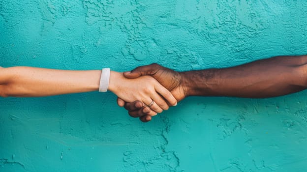 A black man and white woman shaking hands in front of a blue wall