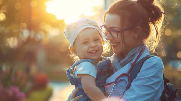 A woman holding a baby in her arms while wearing glasses