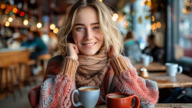 A woman sitting at a table with two cups of coffee