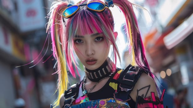 A woman with bright pink hair and blue sunglasses standing in a city