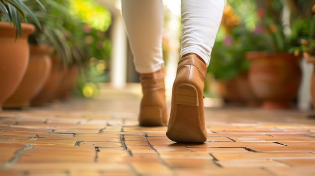 A close up of a woman's legs walking on brick walkway