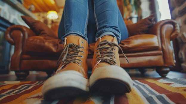 A person sitting on a couch with their feet up in the air